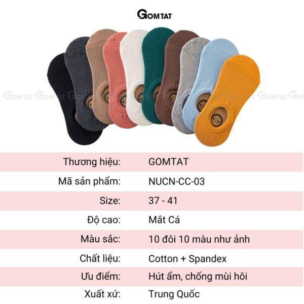 Set 10 đôi tất vớ nữ cổ ngắn GOMTAT cao cấp có đệm cao su chống tuột gót, chất liệu cotton thoáng mát - NUCN-CC-03