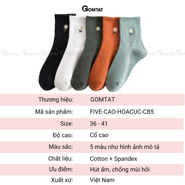 Set 5 đôi tất cổ ngắn nữ GOMTAT mẫu hoa Cúc cao cấp, chất liệu cotton mềm mại êm chân thoáng mát - FIVE-CAO-HOACUC-CB5