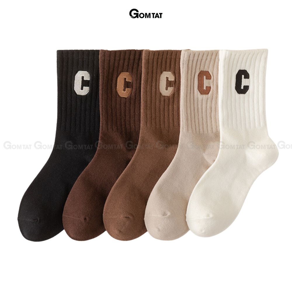 Combo 5 đôi tất nữ cổ cao GOMTAT mẫu chữ C, vớ nữ cổ cao cotton mềm mại, thấm hút - PO-COCAO-C-3012-CB5