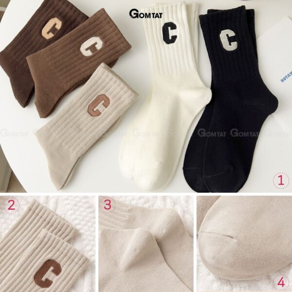 Combo 5 đôi tất nữ cổ cao GOMTAT mẫu chữ C, vớ nữ cổ cao cotton mềm mại, thấm hút - PO-COCAO-C-3012-CB5